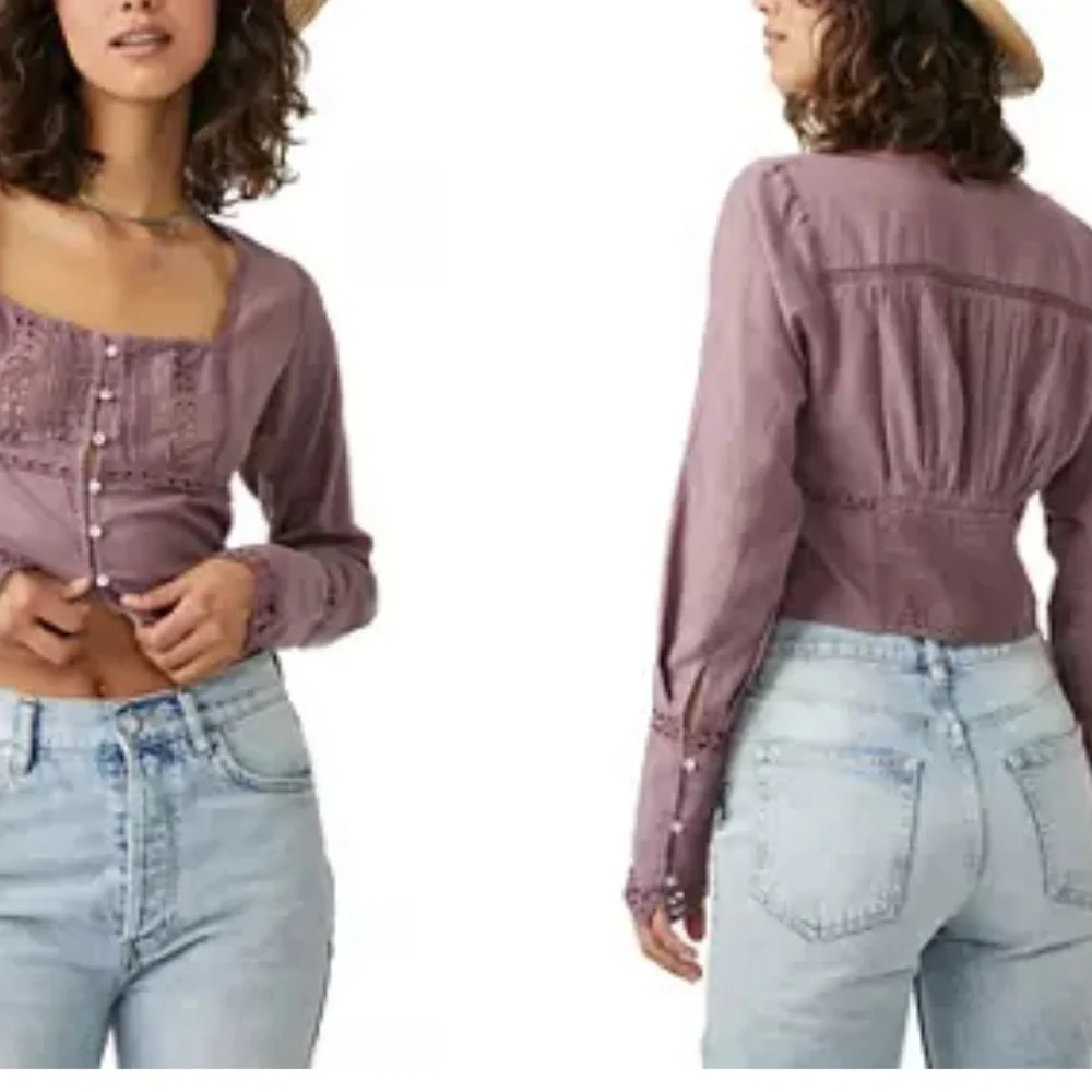 Free People Dusty Mauve Sweetheart Neckline Tiny Button Front Top Small NEW +Tag